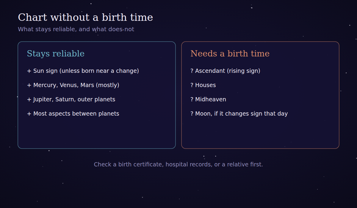 Two boxes: ‘Stays reliable’ and ‘Needs a birth time’, listing chart elements in each group.