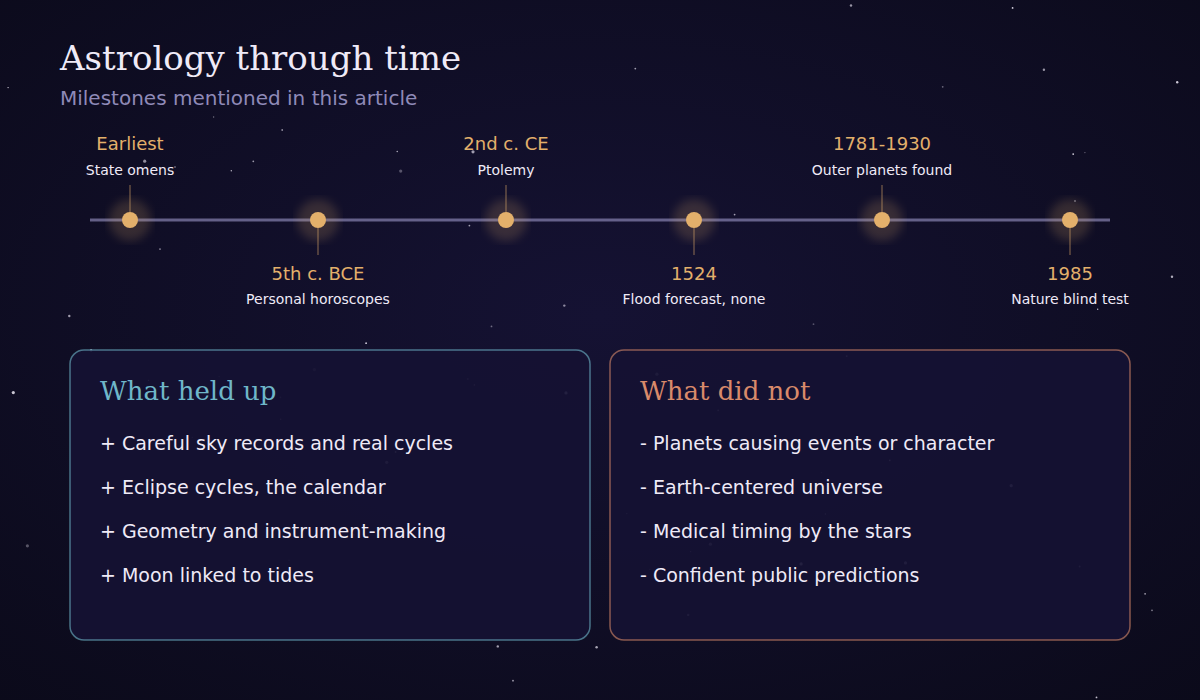 Timeline of astrology milestones above two boxes, ‘What held up’ and ‘What did not’.
