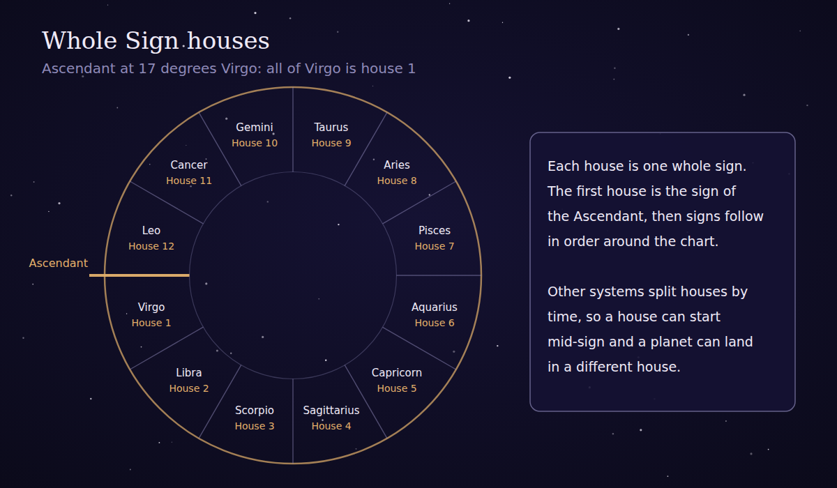 Chart wheel showing twelve Whole Sign houses starting with Virgo as house 1, with an explanation box.